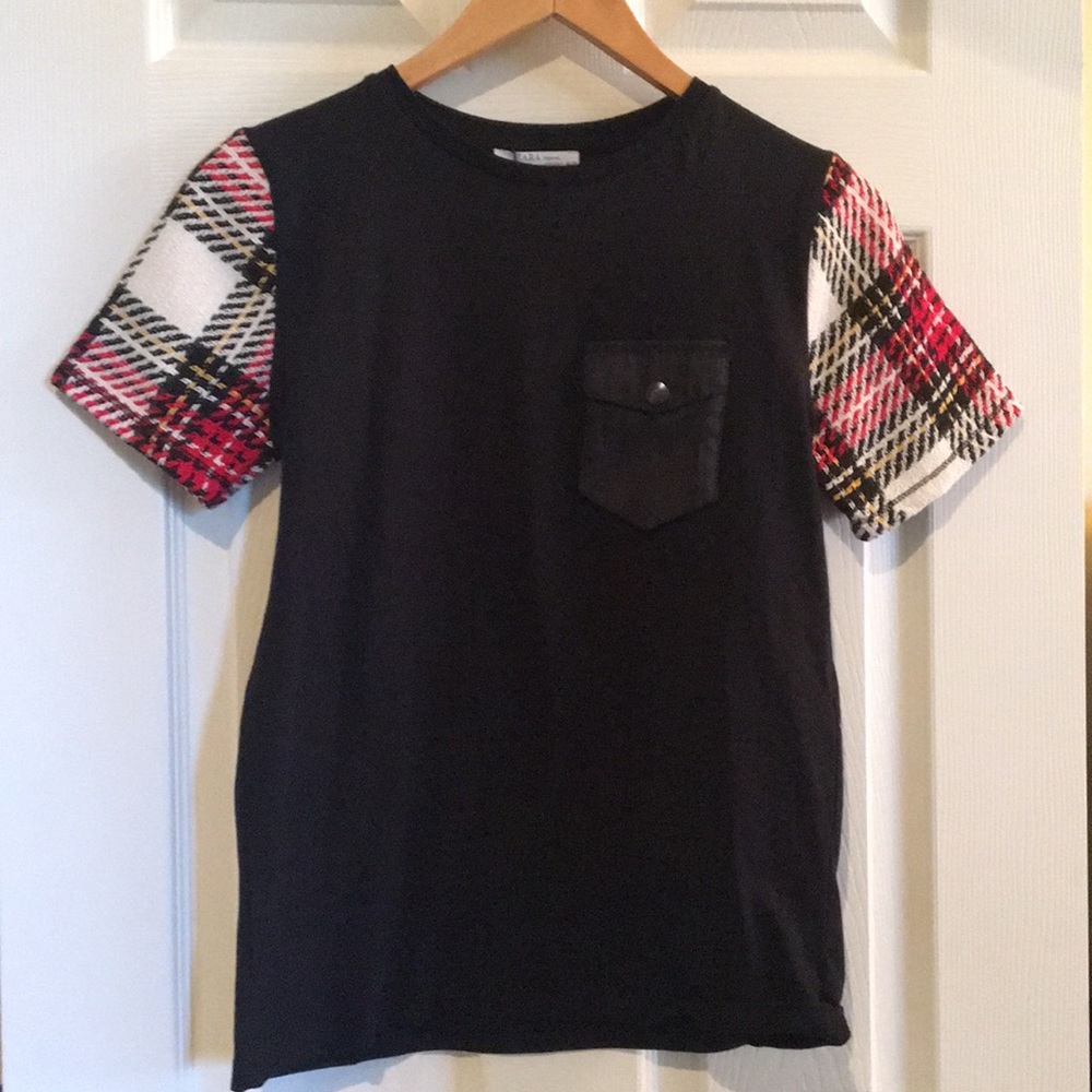 Black Zara Top with Plaid Sleeves